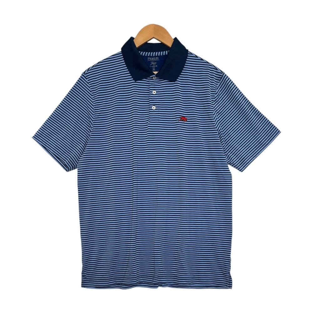 Perlis Performance Polo Mens Medium Blue Striped Golf Crawfish Preppy Casual